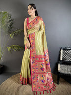 Elora Golden Beige Tissue Zari Weaving Minakari Work Paithani Saree With Mor Border | Grocsy
