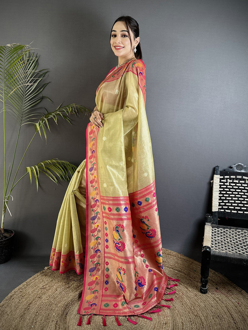 Elora Golden Beige Tissue Zari Weaving Minakari Work Paithani Saree With Mor Border | Grocsy