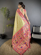 Elora Golden Beige Tissue Zari Weaving Minakari Work Paithani Saree With Mor Border | Grocsy