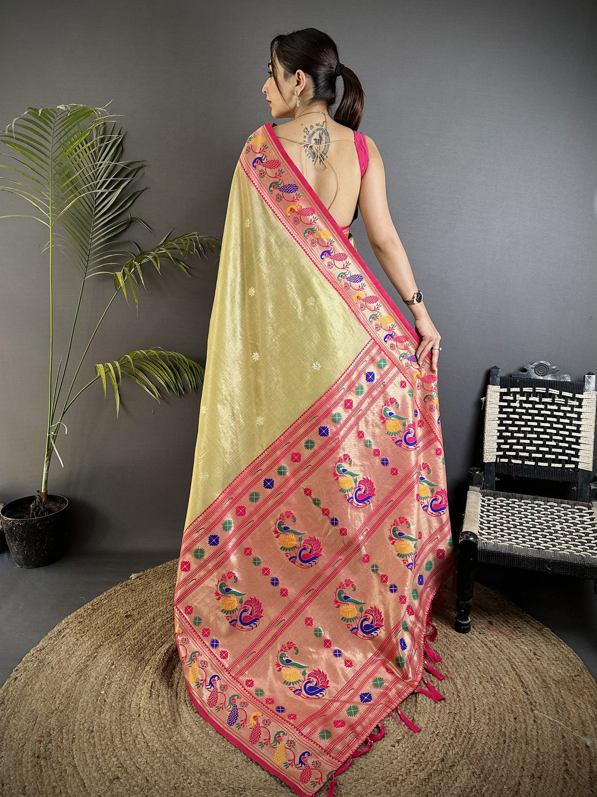 Elora Golden Beige Tissue Zari Weaving Minakari Work Paithani Saree With Mor Border | Grocsy