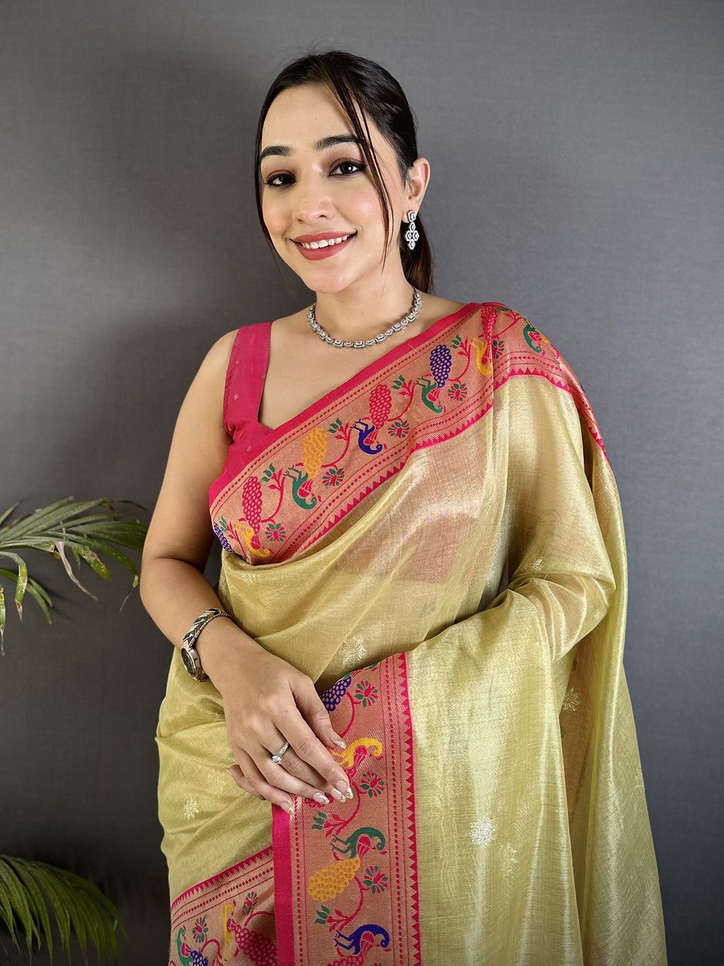 Elora Golden Beige Tissue Zari Weaving Minakari Work Paithani Saree With Mor Border | Grocsy