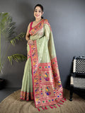 Elora Pista Green Tissue Zari Weaving Minakari Work Paithani Saree With Mor Border | Grocsy