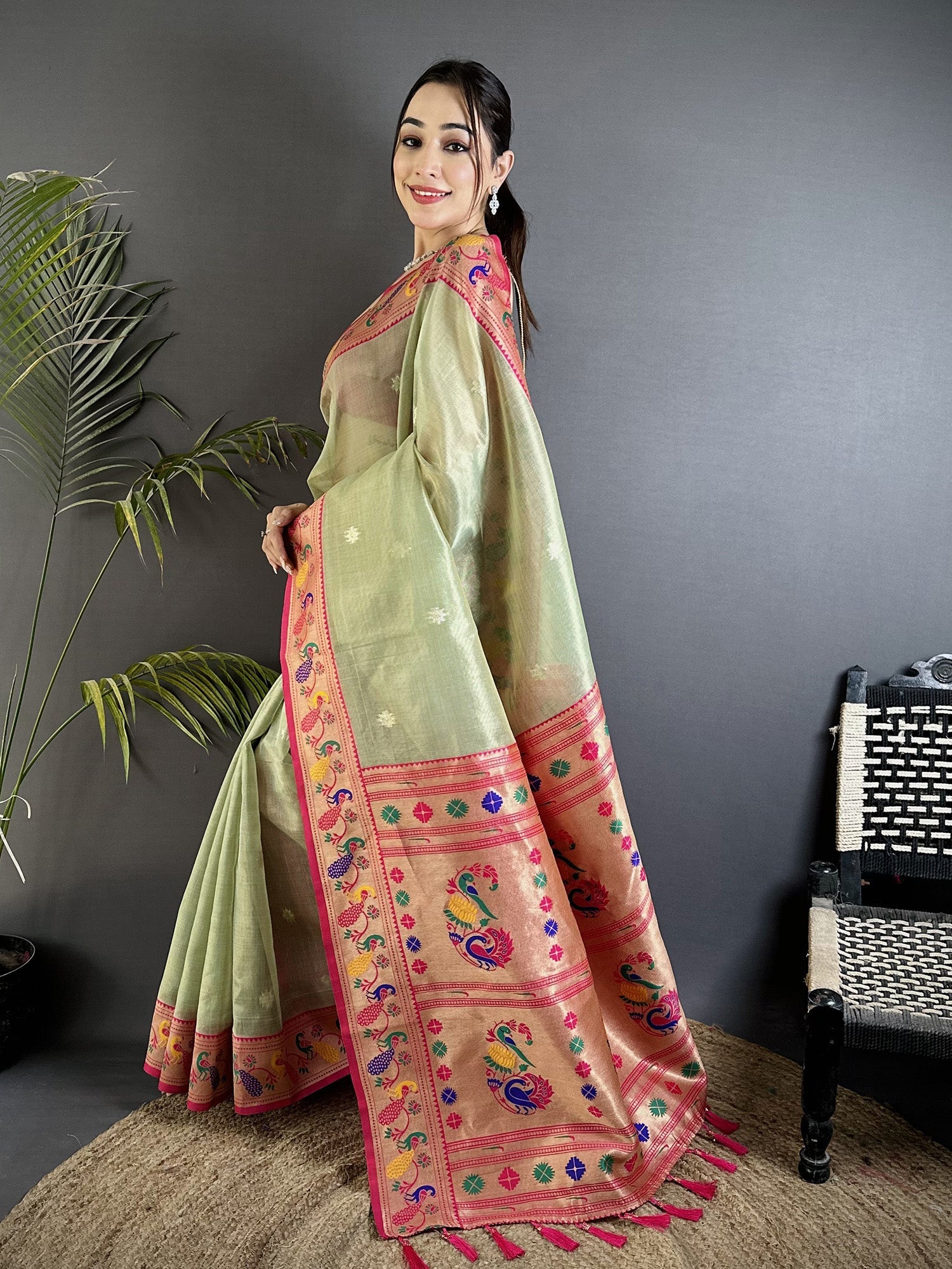 Elora Pista Green Tissue Zari Weaving Minakari Work Paithani Saree With Mor Border | Grocsy
