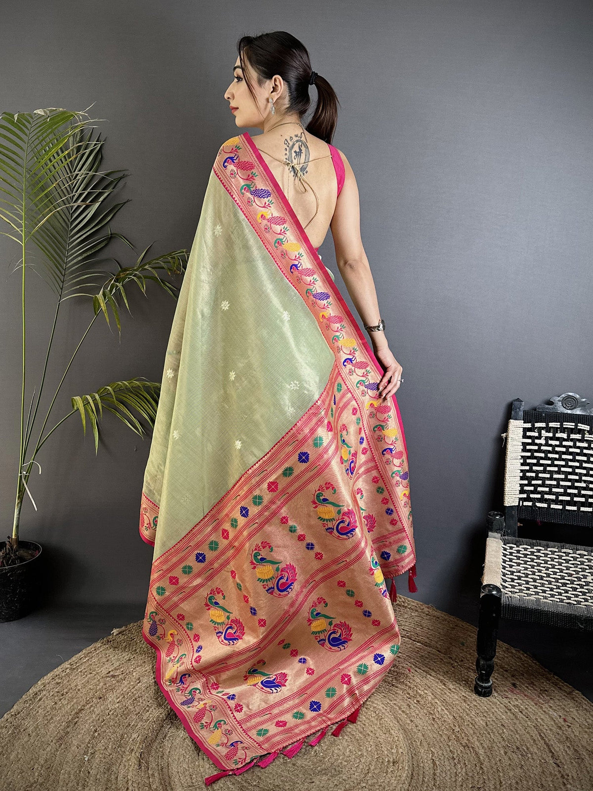 Elora Pista Green Tissue Zari Weaving Minakari Work Paithani Saree With Mor Border | Grocsy