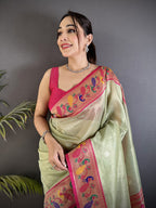 Elora Pista Green Tissue Zari Weaving Minakari Work Paithani Saree With Mor Border | Grocsy