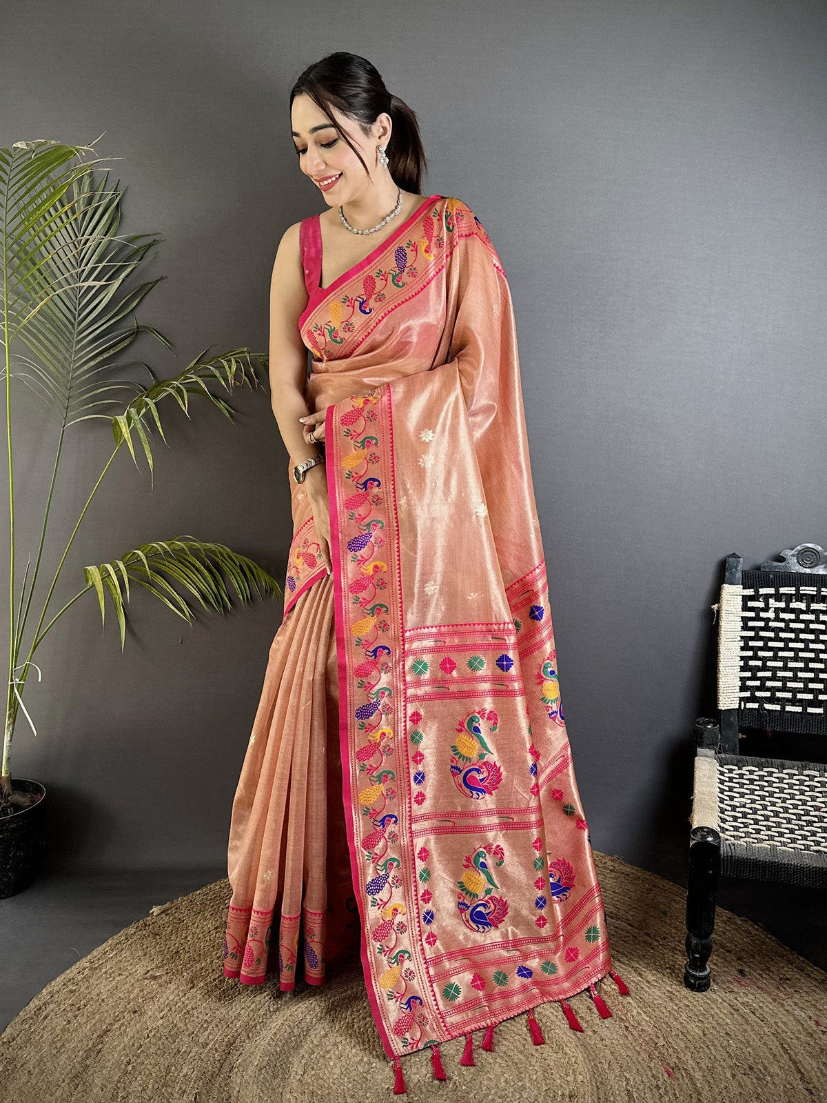 Elora Dark Peach Tissue Zari Weaving Minakari Work Paithani Saree With Mor Border | Grocsy