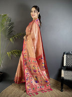 Elora Dark Peach Tissue Zari Weaving Minakari Work Paithani Saree With Mor Border | Grocsy