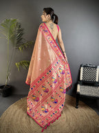 Elora Dark Peach Tissue Zari Weaving Minakari Work Paithani Saree With Mor Border | Grocsy