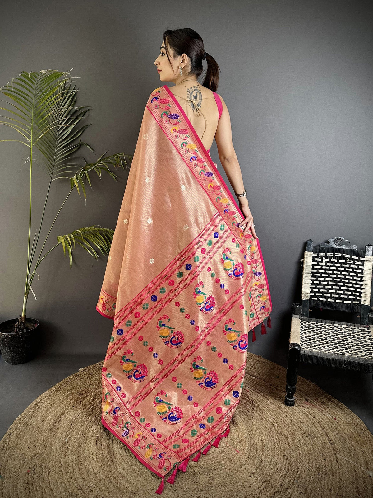 Elora Dark Peach Tissue Zari Weaving Minakari Work Paithani Saree With Mor Border | Grocsy