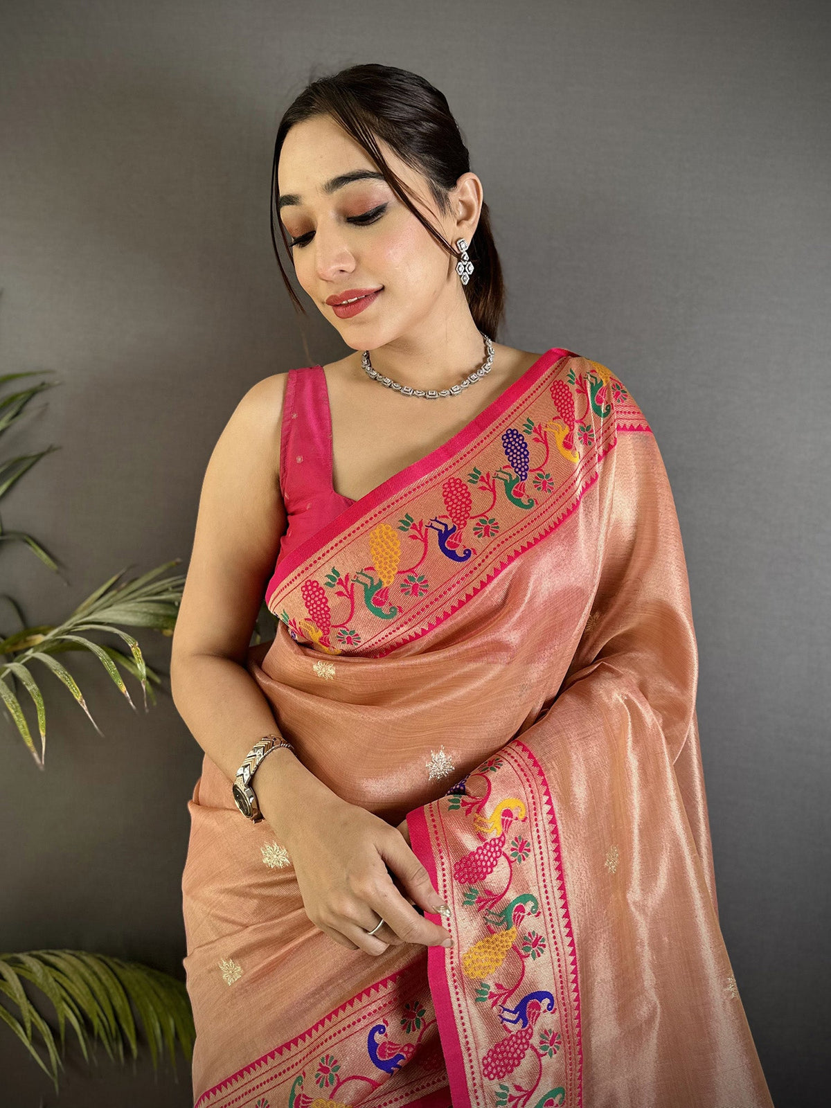 Elora Dark Peach Tissue Zari Weaving Minakari Work Paithani Saree With Mor Border | Grocsy
