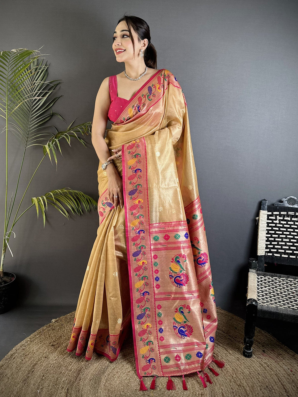 Elora Beige Tissue Zari Weaving Minakari Work Paithani Saree With Mor Border | Grocsy