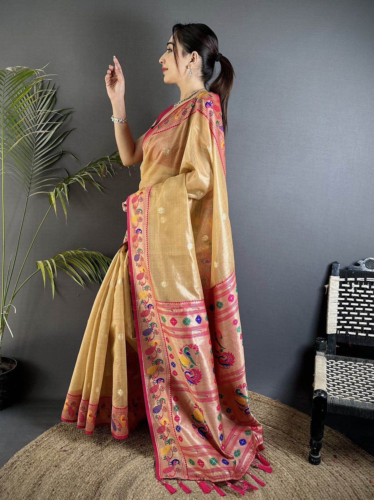Elora Beige Tissue Zari Weaving Minakari Work Paithani Saree With Mor Border | Grocsy
