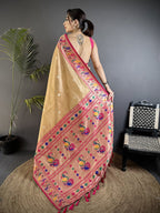 Elora Beige Tissue Zari Weaving Minakari Work Paithani Saree With Mor Border | Grocsy