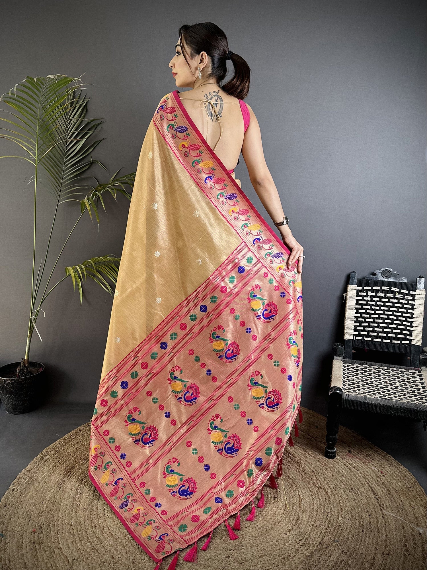Elora Beige Tissue Zari Weaving Minakari Work Paithani Saree With Mor Border | Grocsy
