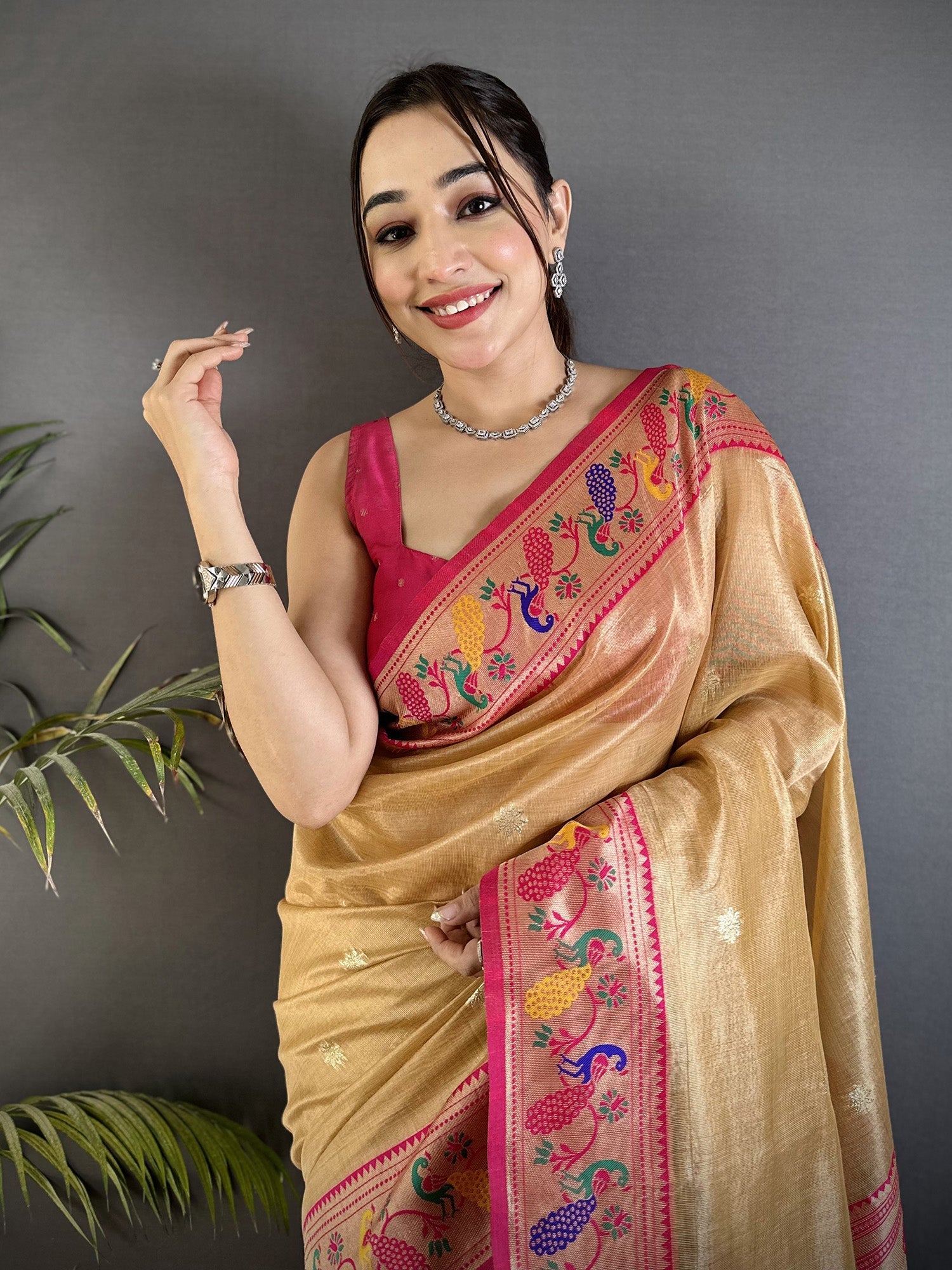 Elora Beige Tissue Zari Weaving Minakari Work Paithani Saree With Mor Border | Grocsy