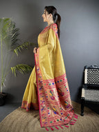 Elora Golden Yellow Tissue Zari Weaving Minakari Work Paithani Saree With Mor Border | Grocsy