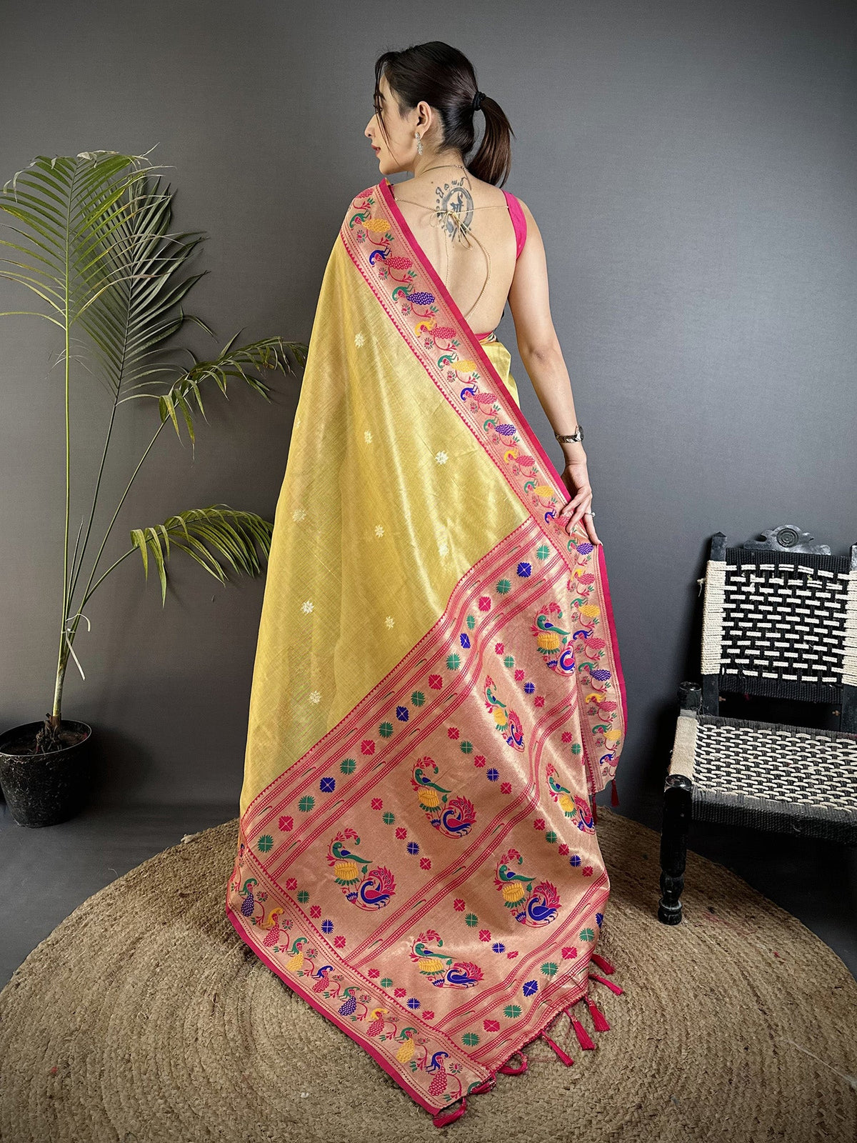 Elora Golden Yellow Tissue Zari Weaving Minakari Work Paithani Saree With Mor Border | Grocsy