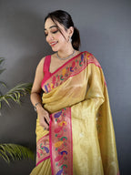 Elora Golden Yellow Tissue Zari Weaving Minakari Work Paithani Saree With Mor Border | Grocsy