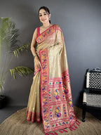 Elora Beige Tissue Zari Weaving Minakari Work Paithani Saree With Mor Border | Grocsy