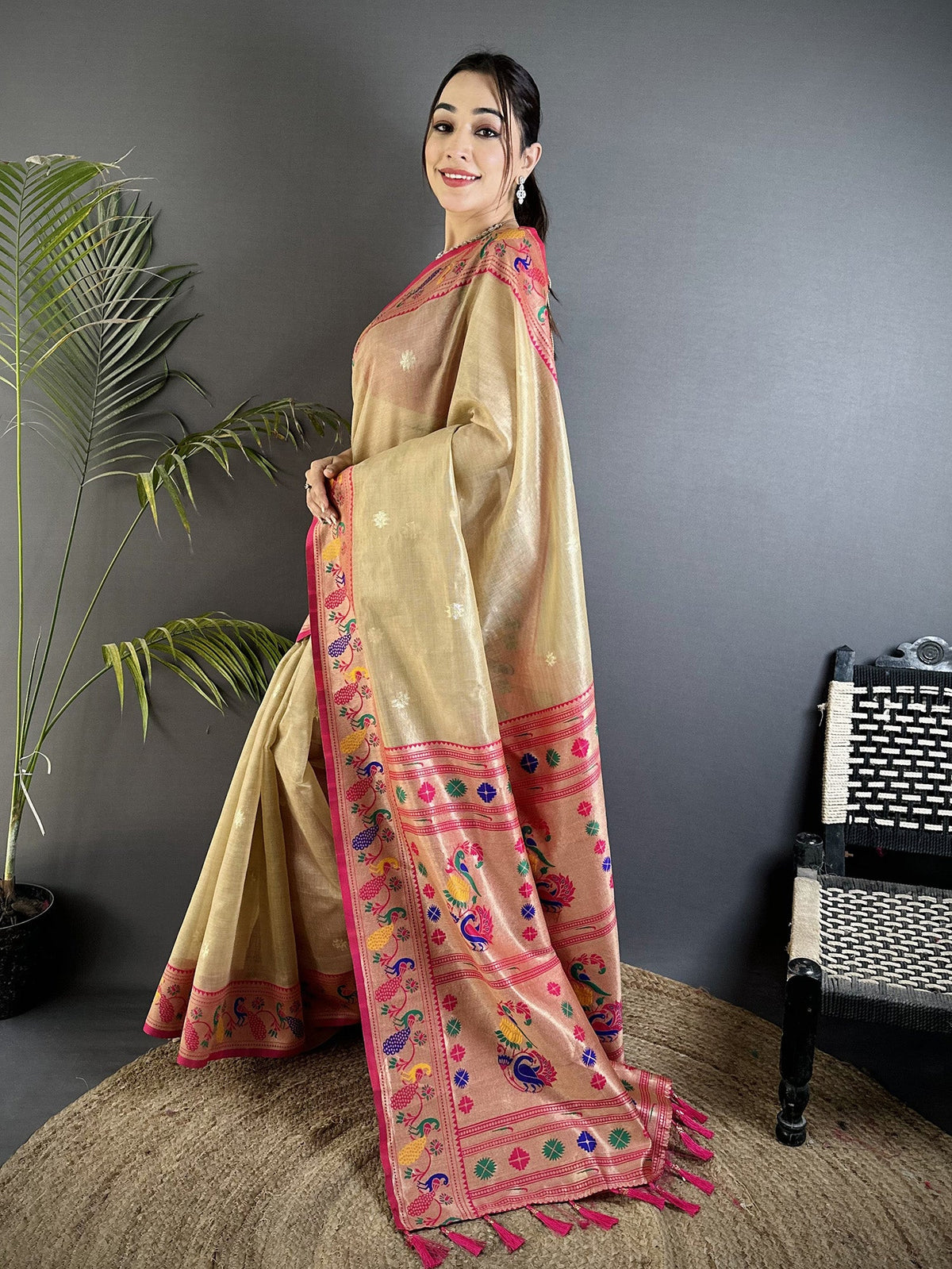 Elora Beige Tissue Zari Weaving Minakari Work Paithani Saree With Mor Border | Grocsy