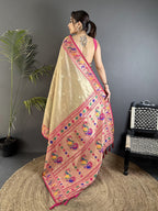 Elora Beige Tissue Zari Weaving Minakari Work Paithani Saree With Mor Border | Grocsy
