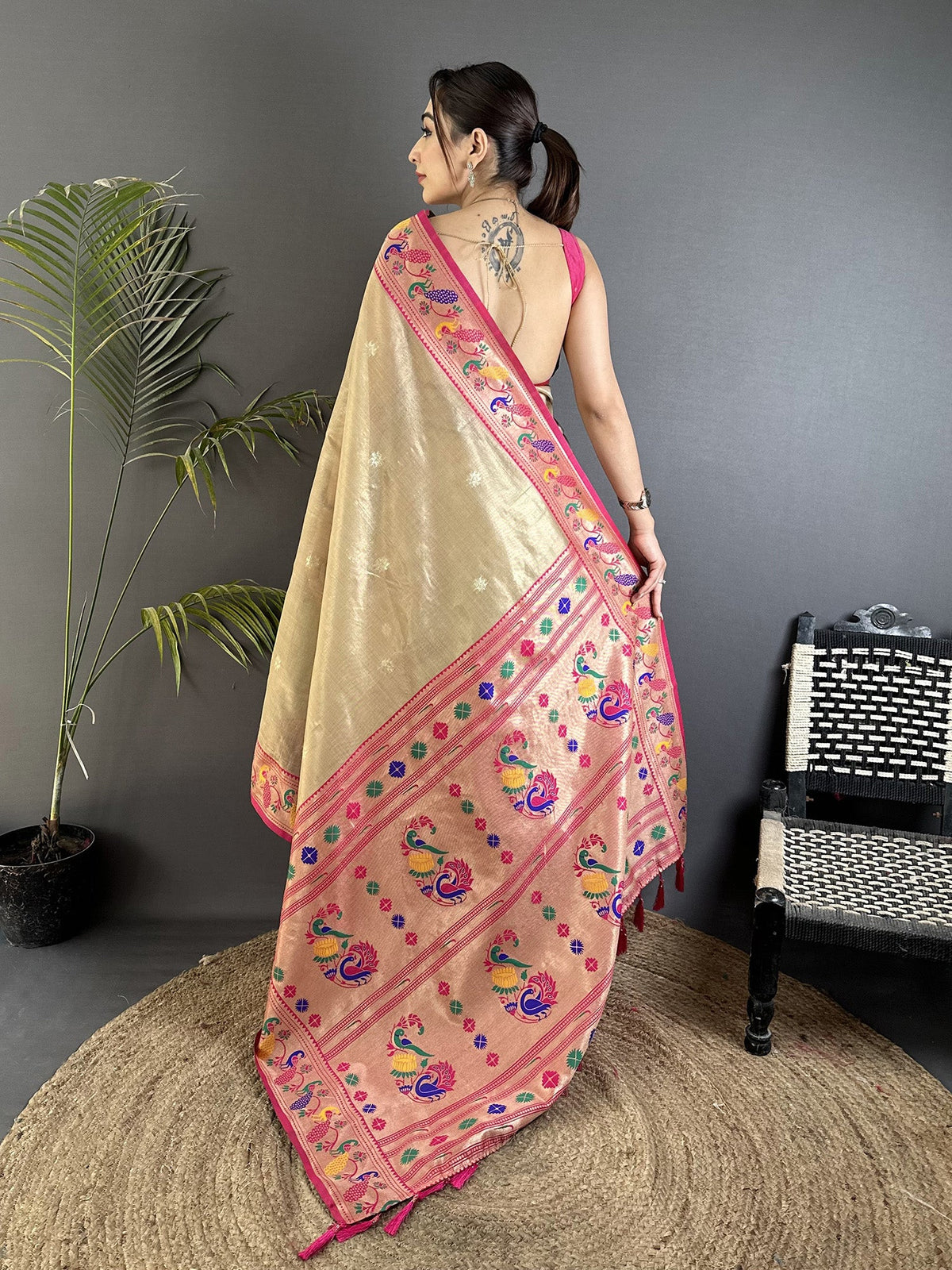 Elora Beige Tissue Zari Weaving Minakari Work Paithani Saree With Mor Border | Grocsy