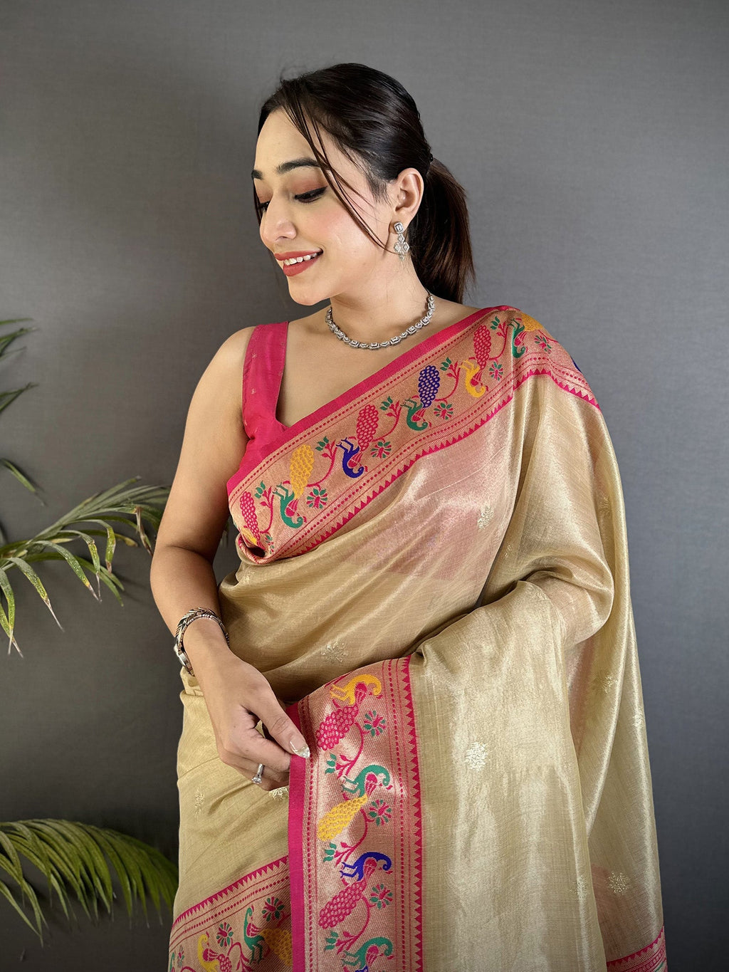 Elora Beige Tissue Zari Weaving Minakari Work Paithani Saree With Mor Border | Grocsy