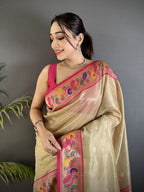 Elora Beige Tissue Zari Weaving Minakari Work Paithani Saree With Mor Border | Grocsy