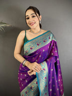 Elora Purple Soft Silk Intricate Motifs Zari Weaving Banarasi Saree With Contrast Weaving Border | Grocsy