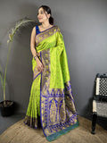 Elora Green Soft Silk Intricate Motifs Zari Weaving Banarasi Saree With Contrast Weaving Border | Grocsy