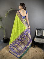 Elora Green Soft Silk Intricate Motifs Zari Weaving Banarasi Saree With Contrast Weaving Border | Grocsy