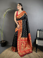Elora Black Soft Silk Intricate Motifs Zari Weaving Banarasi Saree With Contrast Weaving Border | Grocsy