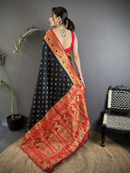 Elora Black Soft Silk Intricate Motifs Zari Weaving Banarasi Saree With Contrast Weaving Border | Grocsy