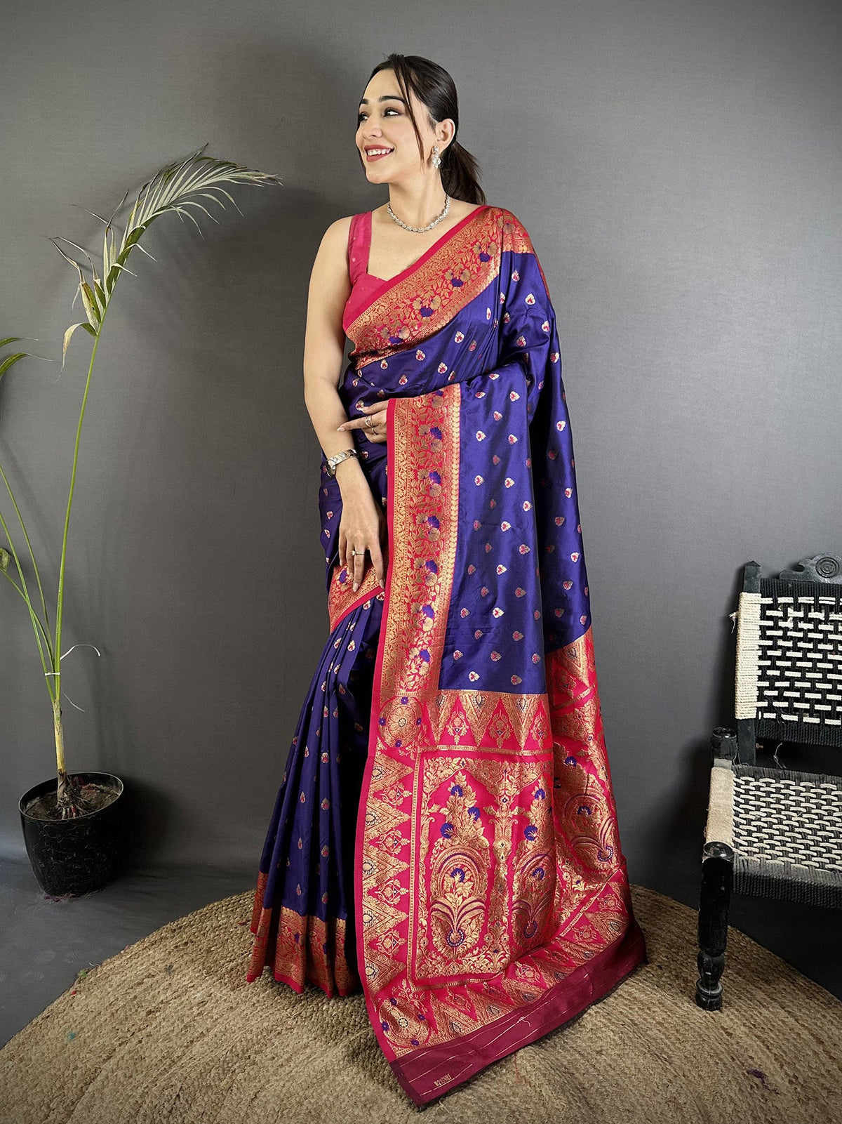 Elora Royal Blue Soft Silk Intricate Motifs Zari Weaving Banarasi Saree With Contrast Weaving Border | Grocsy