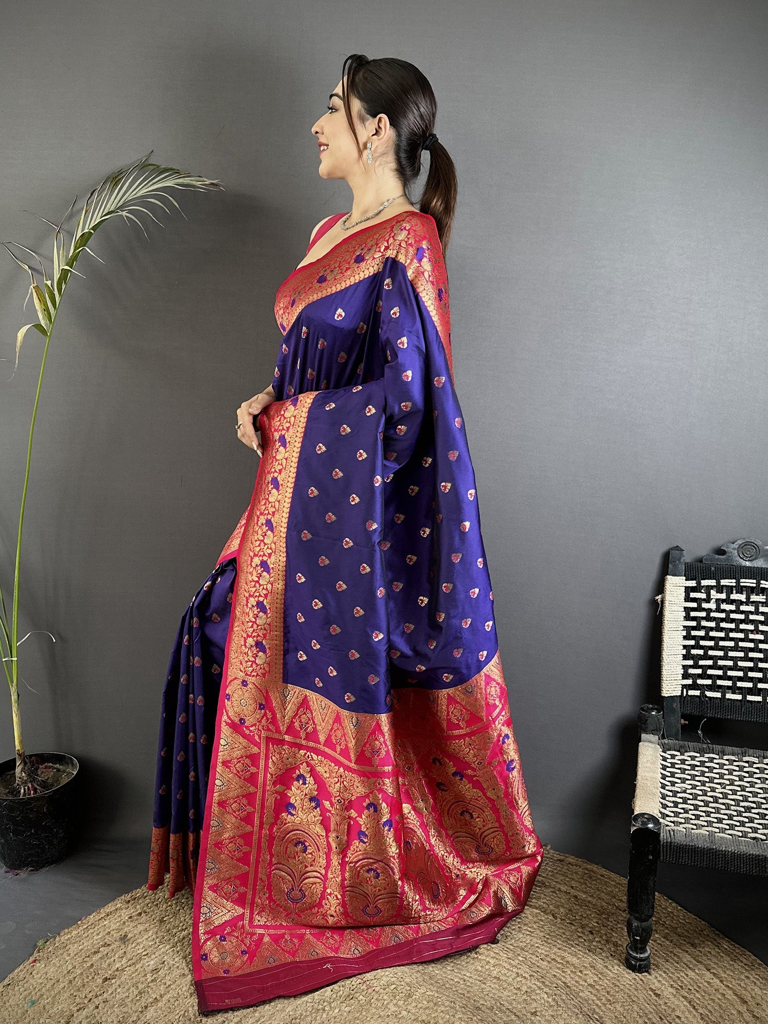 Elora Royal Blue Soft Silk Intricate Motifs Zari Weaving Banarasi Saree With Contrast Weaving Border | Grocsy