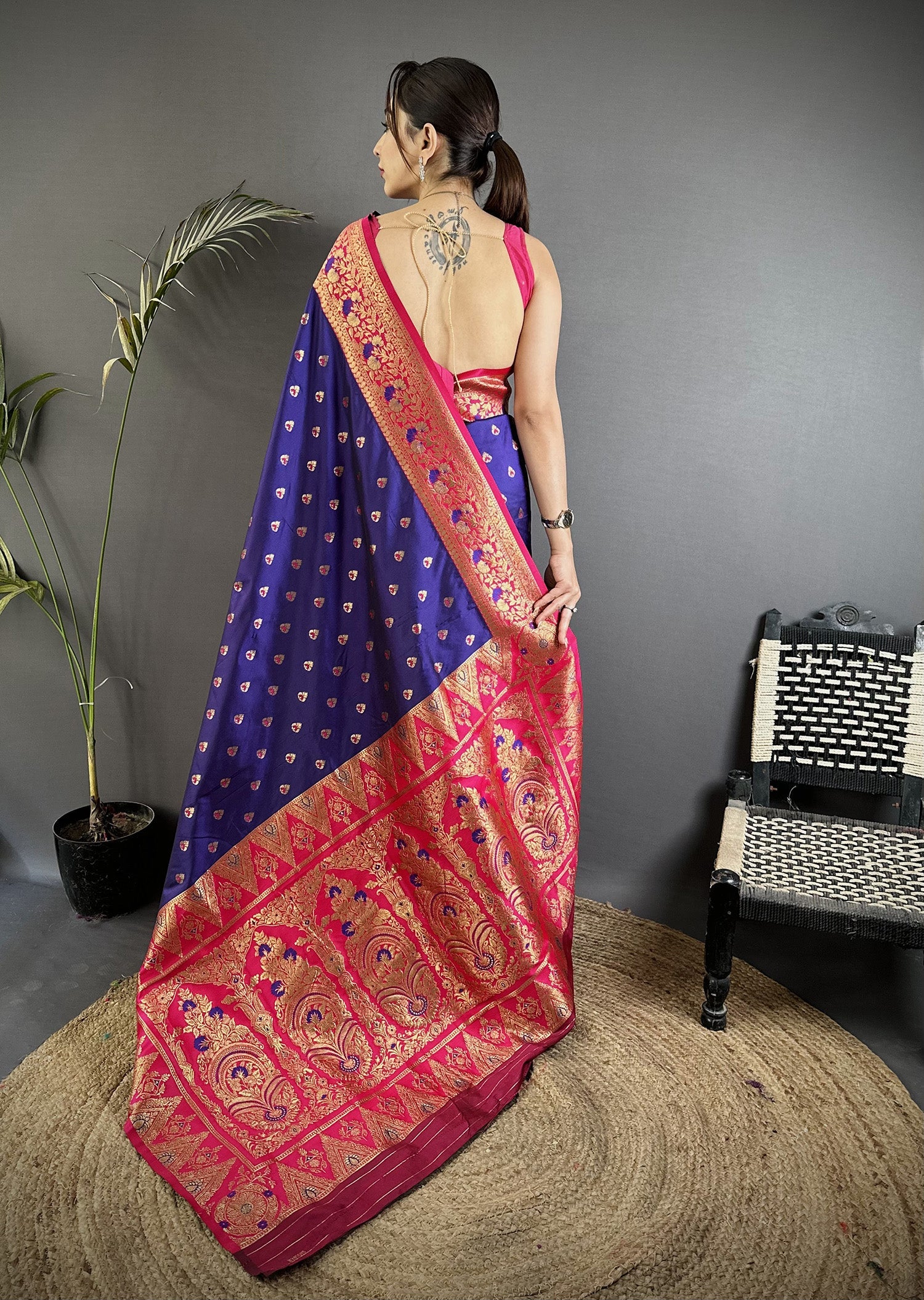 Elora Royal Blue Soft Silk Intricate Motifs Zari Weaving Banarasi Saree With Contrast Weaving Border | Grocsy