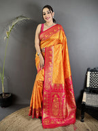 Elora Orange Soft Silk Intricate Motifs Zari Weaving Banarasi Saree With Contrast Weaving Border | Grocsy