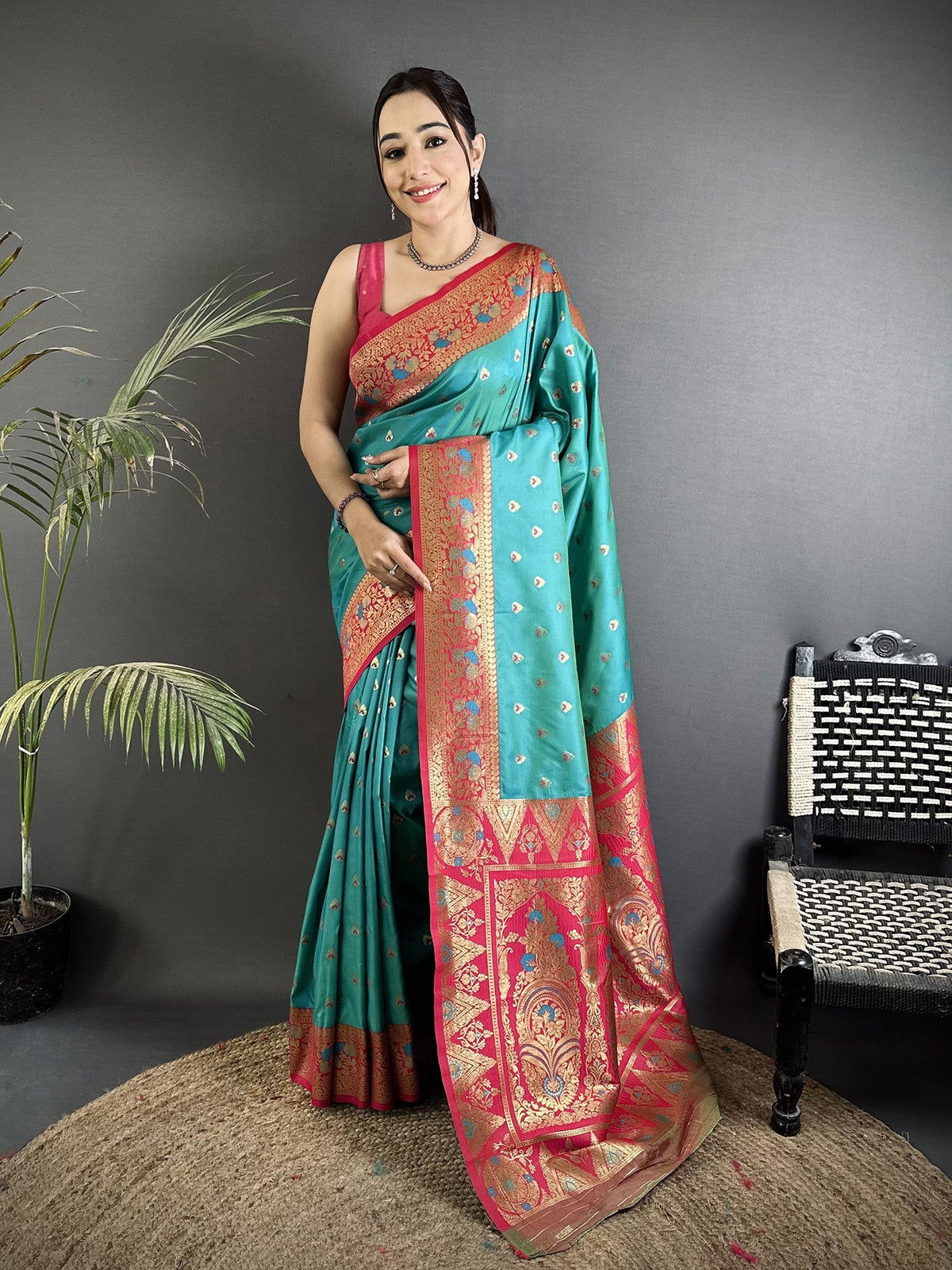 Elora Teal Blue Soft Silk Intricate Motifs Zari Weaving Banarasi Saree With Contrast Weaving Border | Grocsy