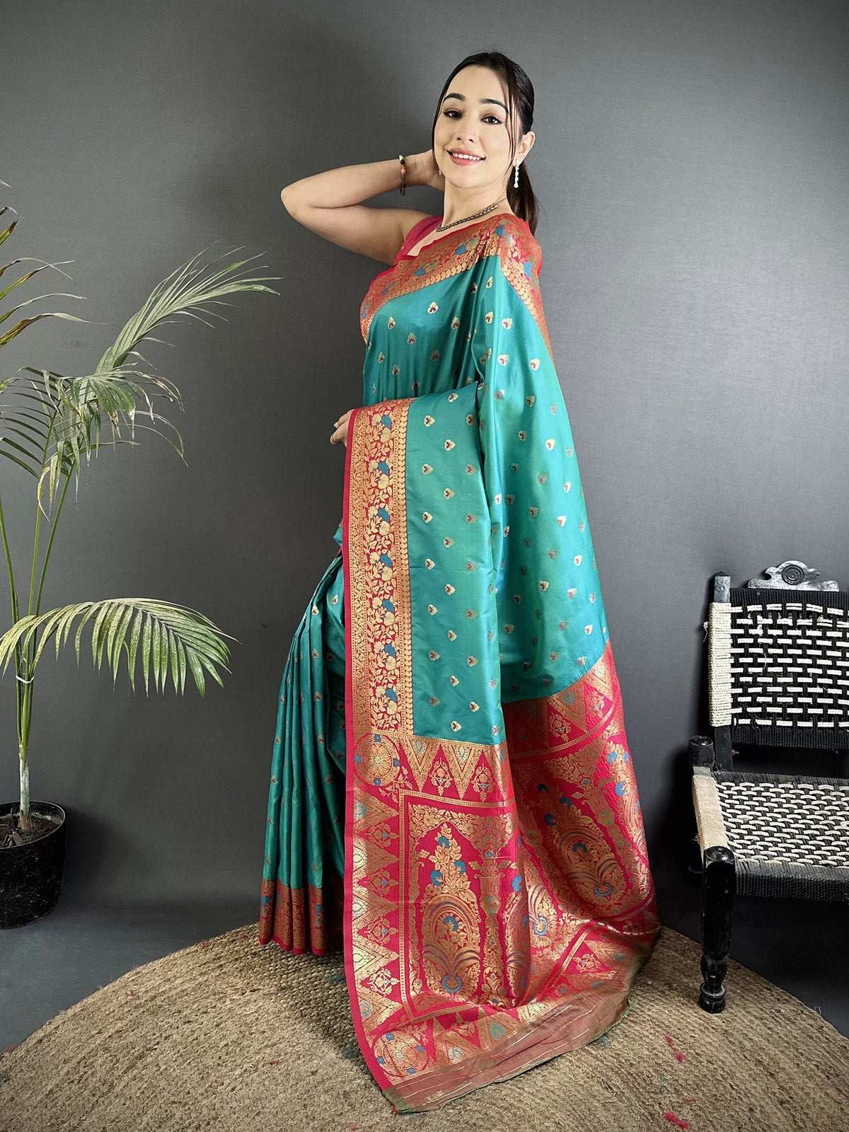Elora Teal Blue Soft Silk Intricate Motifs Zari Weaving Banarasi Saree With Contrast Weaving Border | Grocsy