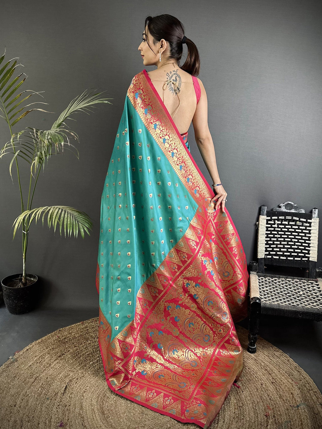 Elora Teal Blue Soft Silk Intricate Motifs Zari Weaving Banarasi Saree With Contrast Weaving Border | Grocsy