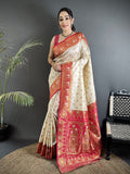 Elora Off White Soft Silk Intricate Motifs Zari Weaving Banarasi Saree With Contrast Weaving Border | Grocsy