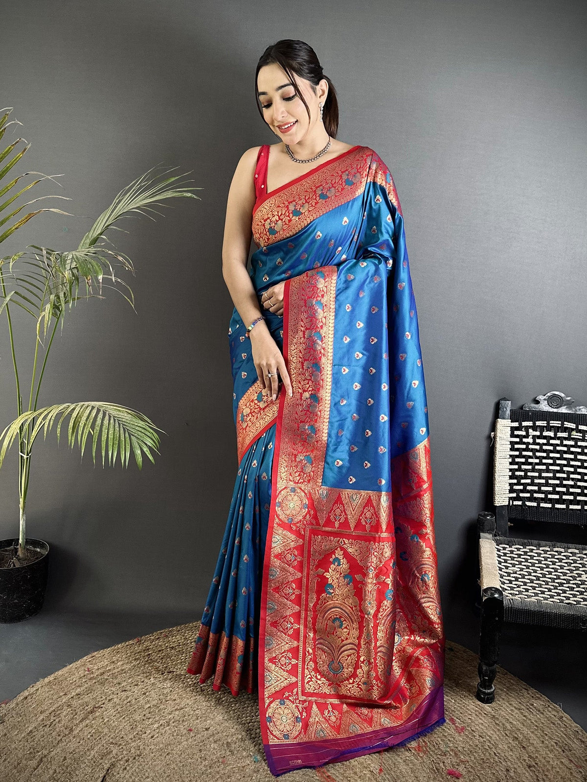 Elora Blue Soft Silk Intricate Motifs Zari Weaving Banarasi Saree With Contrast Weaving Border | Grocsy