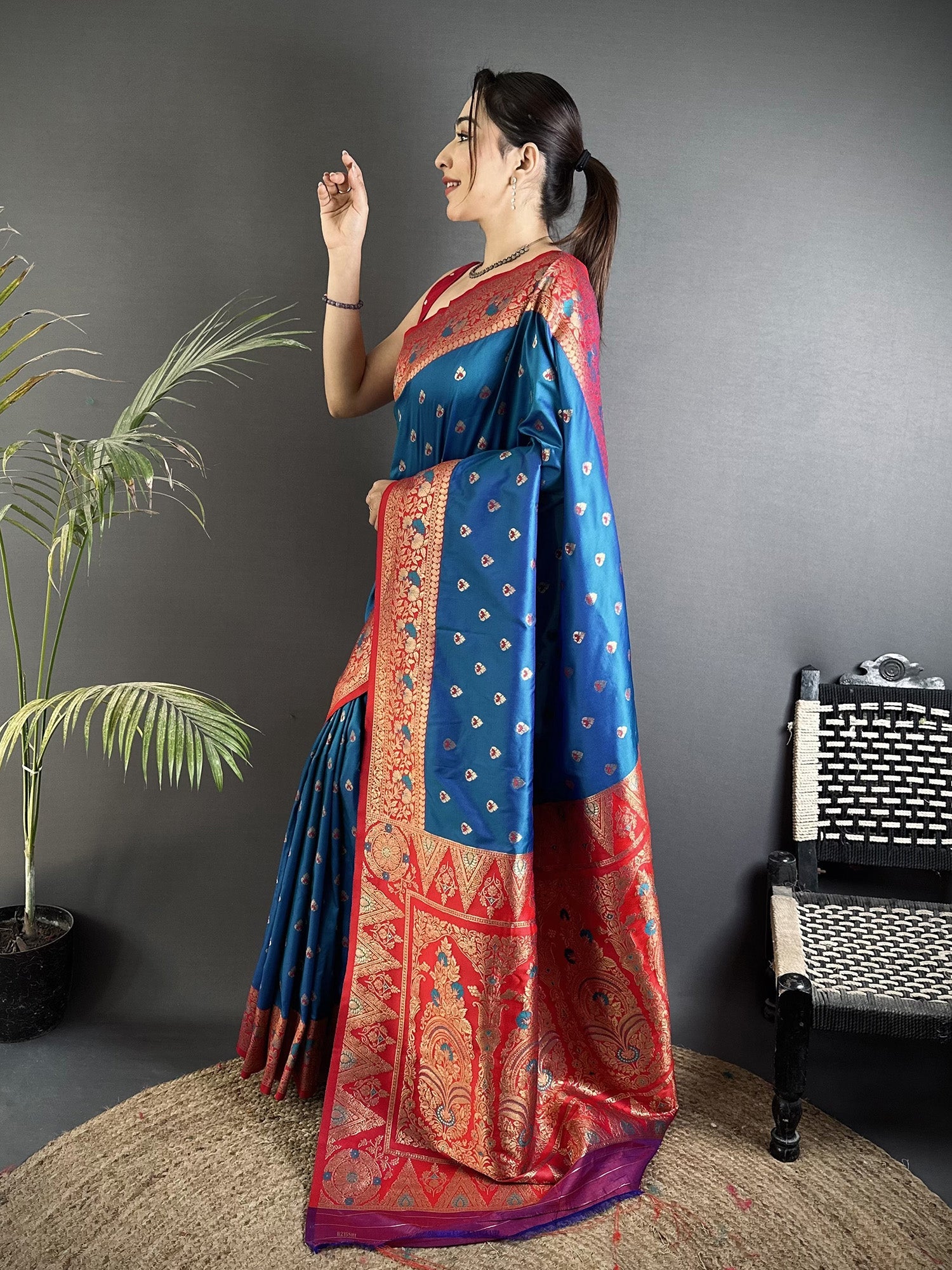 Elora Blue Soft Silk Intricate Motifs Zari Weaving Banarasi Saree With Contrast Weaving Border | Grocsy
