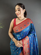 Elora Blue Soft Silk Intricate Motifs Zari Weaving Banarasi Saree With Contrast Weaving Border | Grocsy