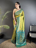 Elora Pista Green Soft Silk Intricate Motifs Zari Weaving Banarasi Saree With Contrast Weaving Border | Grocsy