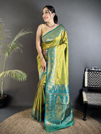 Elora Pista Green Soft Silk Intricate Motifs Zari Weaving Banarasi Saree With Contrast Weaving Border | Grocsy