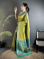 Elora Pista Green Soft Silk Intricate Motifs Zari Weaving Banarasi Saree With Contrast Weaving Border | Grocsy