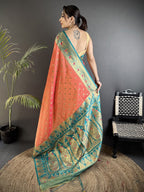 Elora Coral Pink Soft Silk Intricate Motifs Zari Weaving Banarasi Saree With Contrast Weaving Border | Grocsy