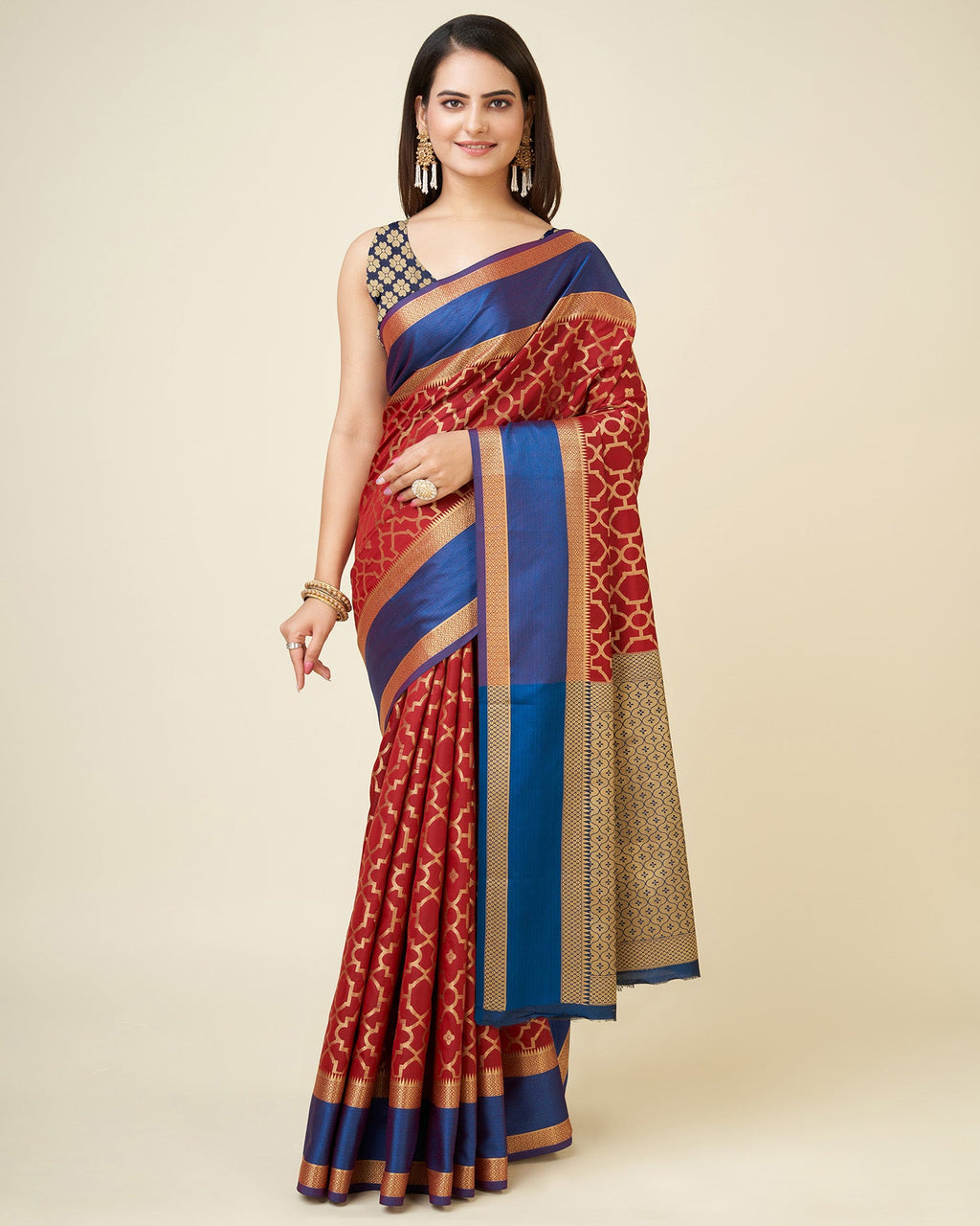 Elora Red Lichi Silk Woven Design Jacquard Weaving Kanchipuram Saree | Grocsy