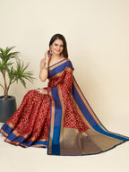Elora Red Lichi Silk Woven Design Jacquard Weaving Kanchipuram Saree | Grocsy